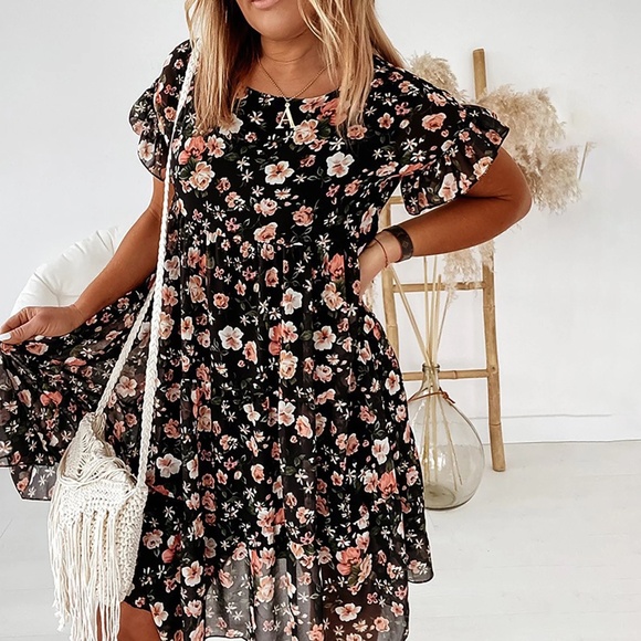 Women's Plus Size Women's Summer O-neck Dress Beach Floral Print Ruffles Casual - Picture 7 of 9